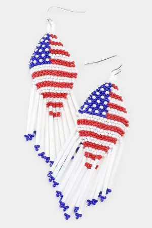 American Flag Beaded Fringe Earrings