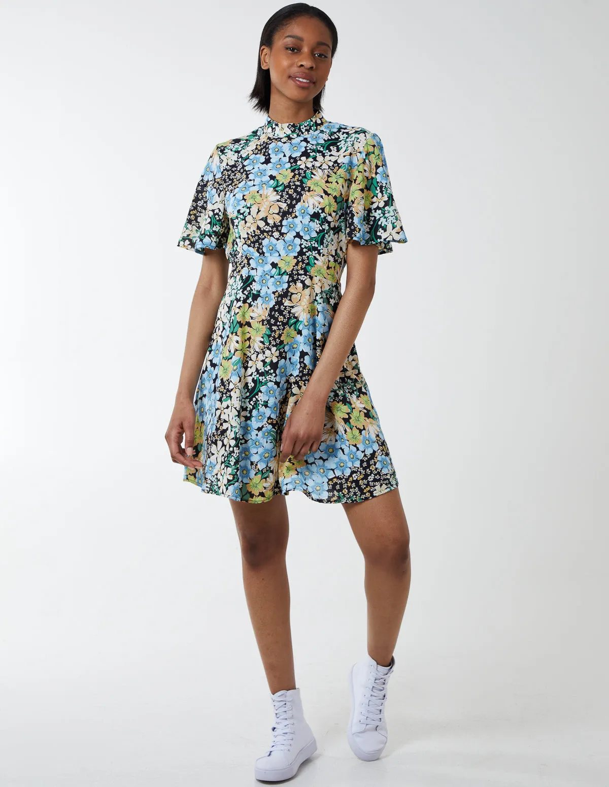 Angel Sleeve High Neck Mini Dress