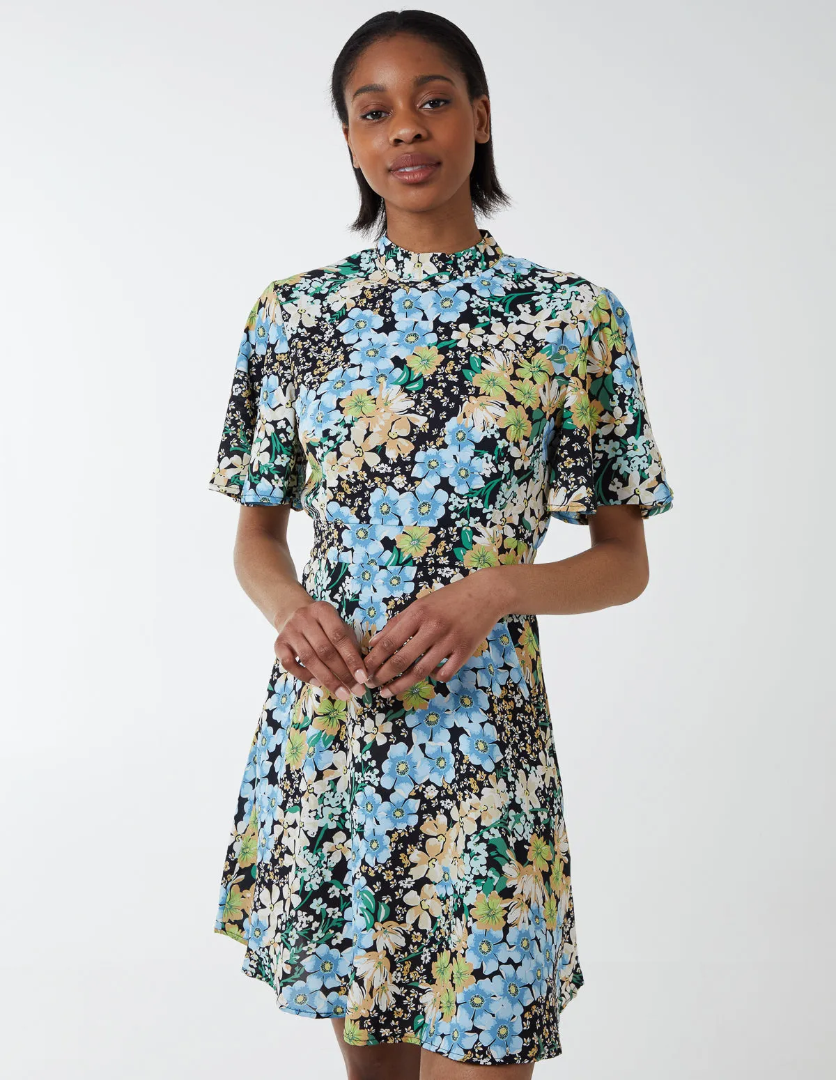 Angel Sleeve High Neck Mini Dress