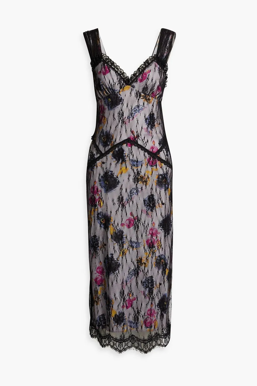 ANNA SUI Layered Crepe De Chine and Lace Floral Midi Dress, Black