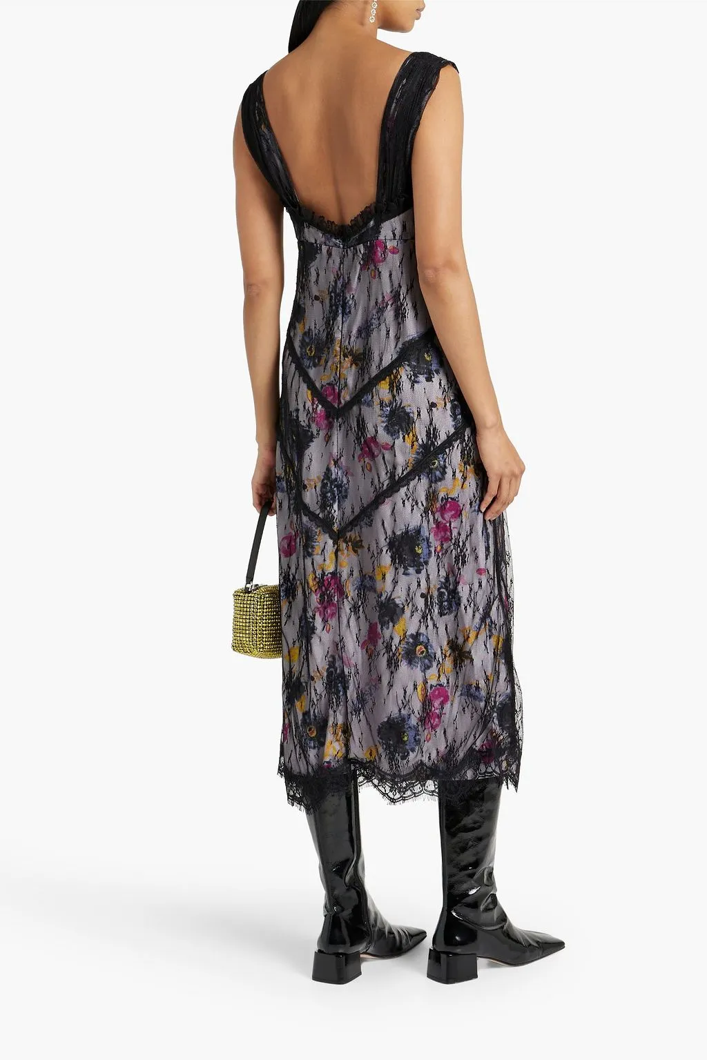 ANNA SUI Layered Crepe De Chine and Lace Floral Midi Dress, Black