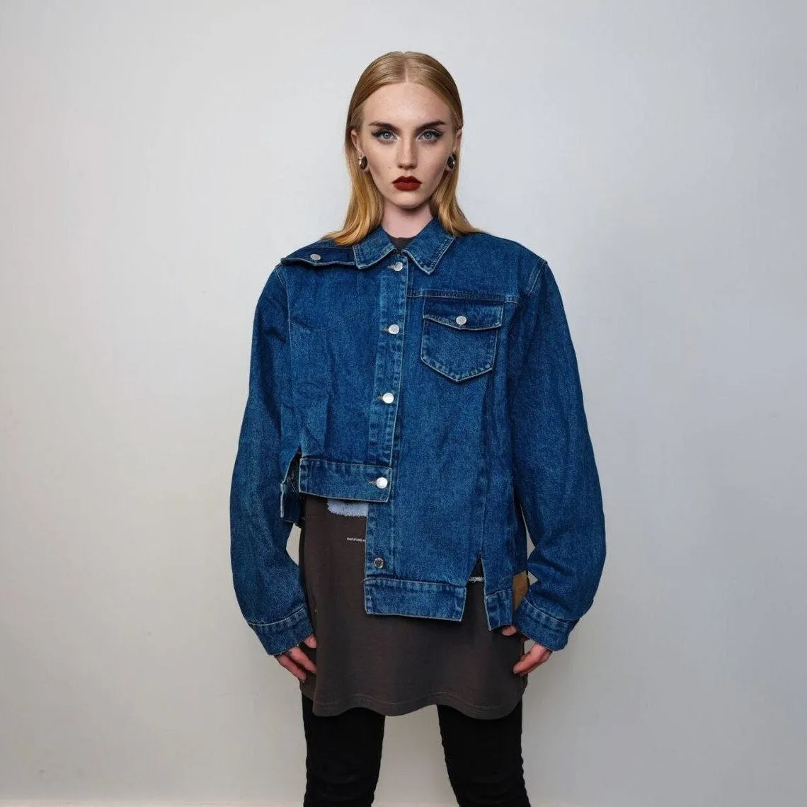 Asymmetric denim jacket reworked grunge jean bomber stitched raver coat unisex premium biker jacket skater top in blue