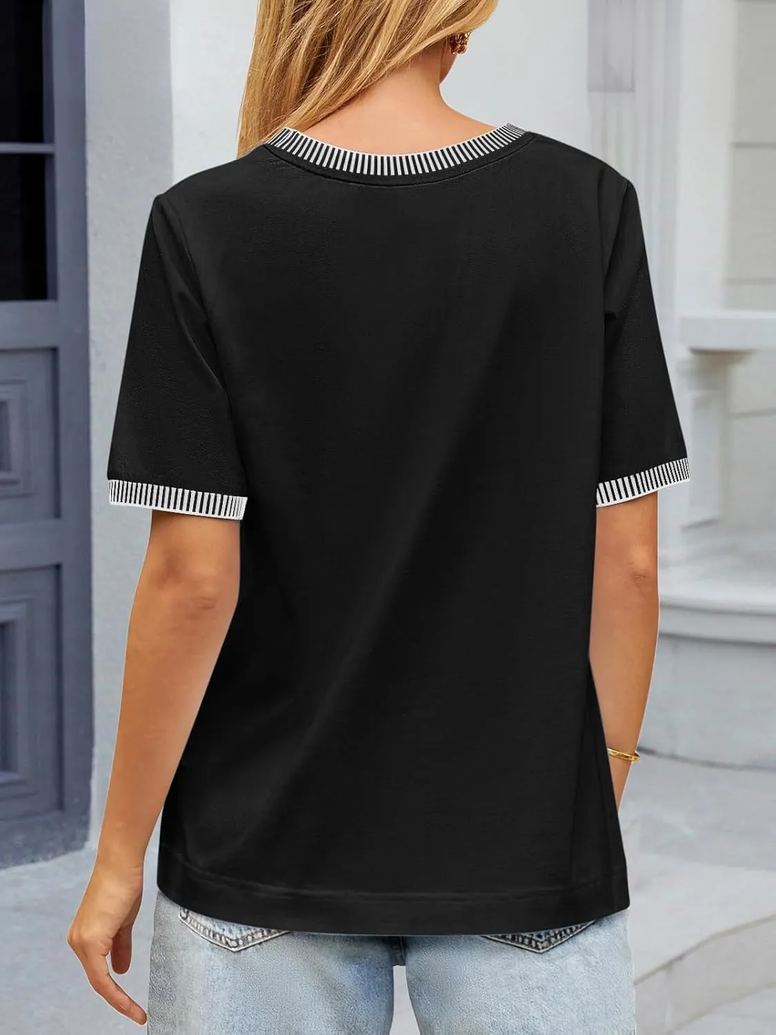ATHMILE Womens Short Sleeve Tops Striped Color Block T Shirts Summer Crewneck Loose Casual Tee 2025