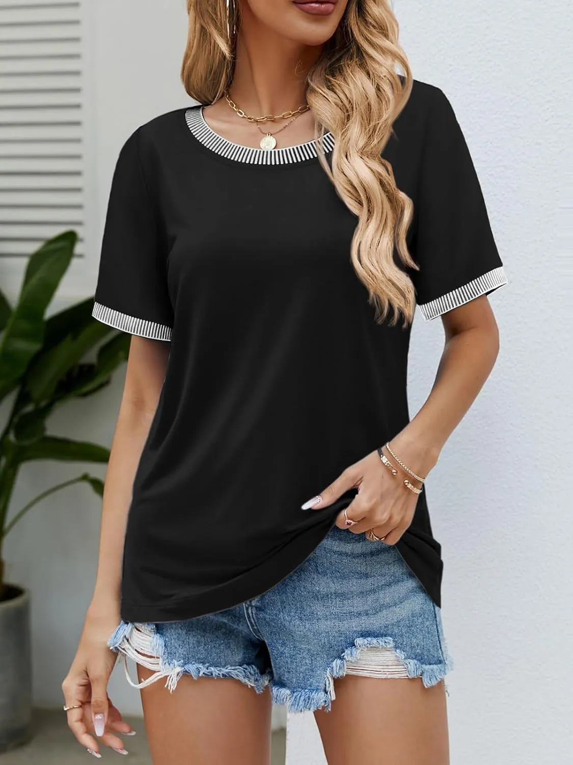 ATHMILE Womens Short Sleeve Tops Striped Color Block T Shirts Summer Crewneck Loose Casual Tee 2025