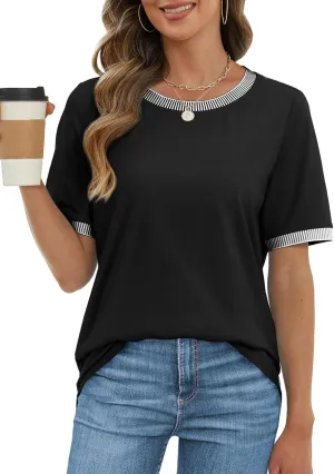 ATHMILE Womens Short Sleeve Tops Striped Color Block T Shirts Summer Crewneck Loose Casual Tee 2025