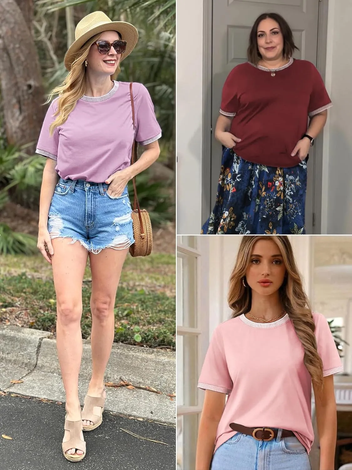 ATHMILE Womens Short Sleeve Tops Striped Color Block T Shirts Summer Crewneck Loose Casual Tee 2025