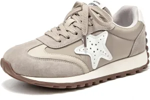 BEAU TODAY Womens Flat Sneakers, Retro Comfortable Lace-up Fashion Sneakers for Women, Buckle Decoration Casual Leather Walking Shoes