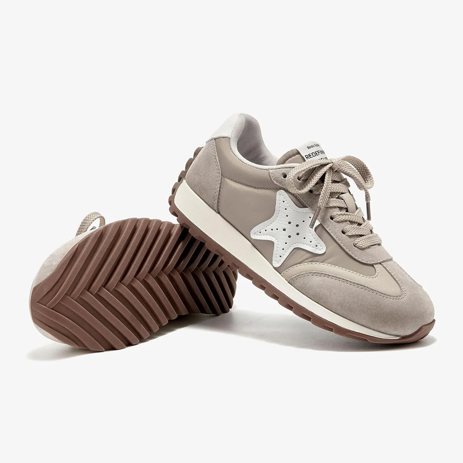 BEAU TODAY Womens Flat Sneakers, Retro Comfortable Lace-up Fashion Sneakers for Women, Buckle Decoration Casual Leather Walking Shoes