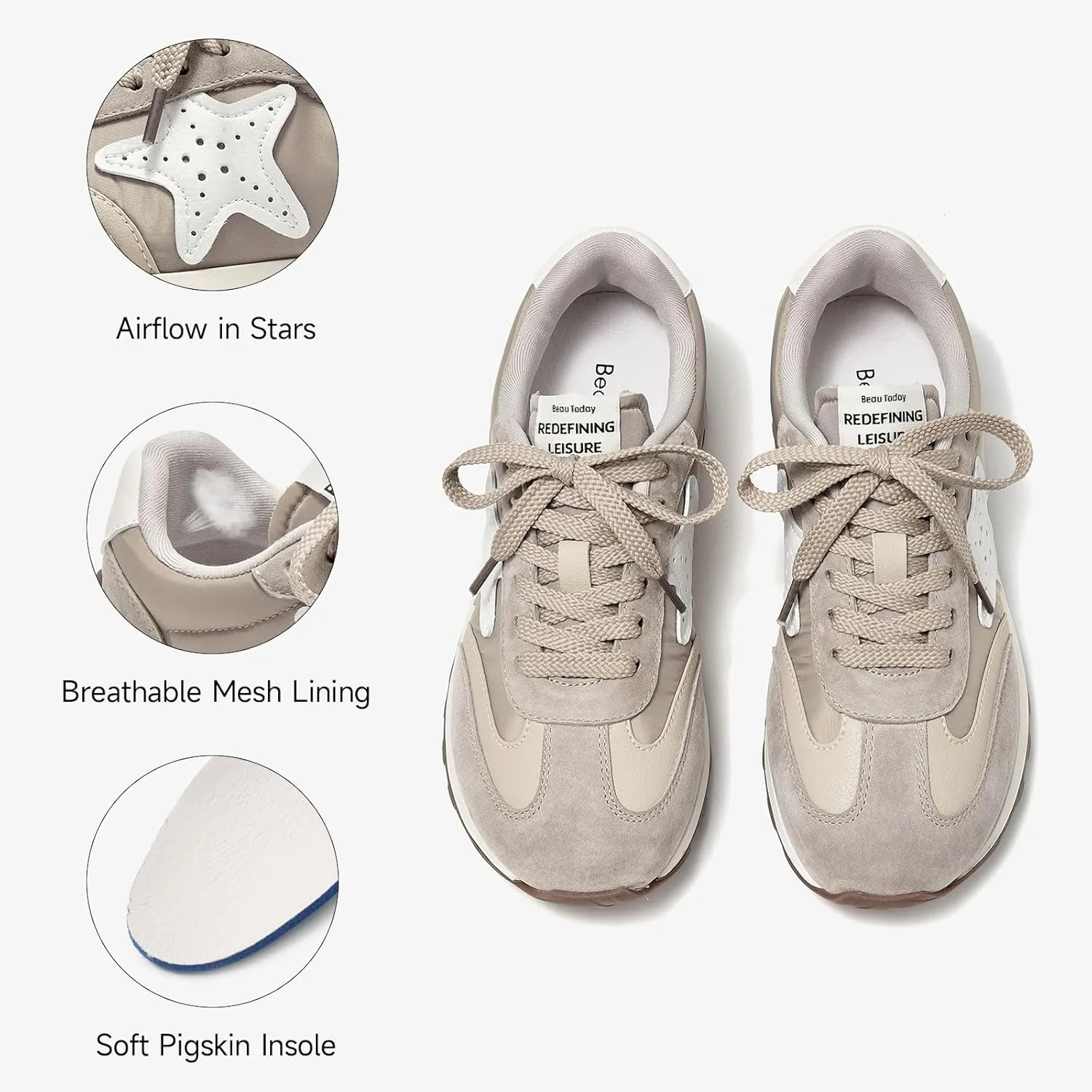BEAU TODAY Womens Flat Sneakers, Retro Comfortable Lace-up Fashion Sneakers for Women, Buckle Decoration Casual Leather Walking Shoes