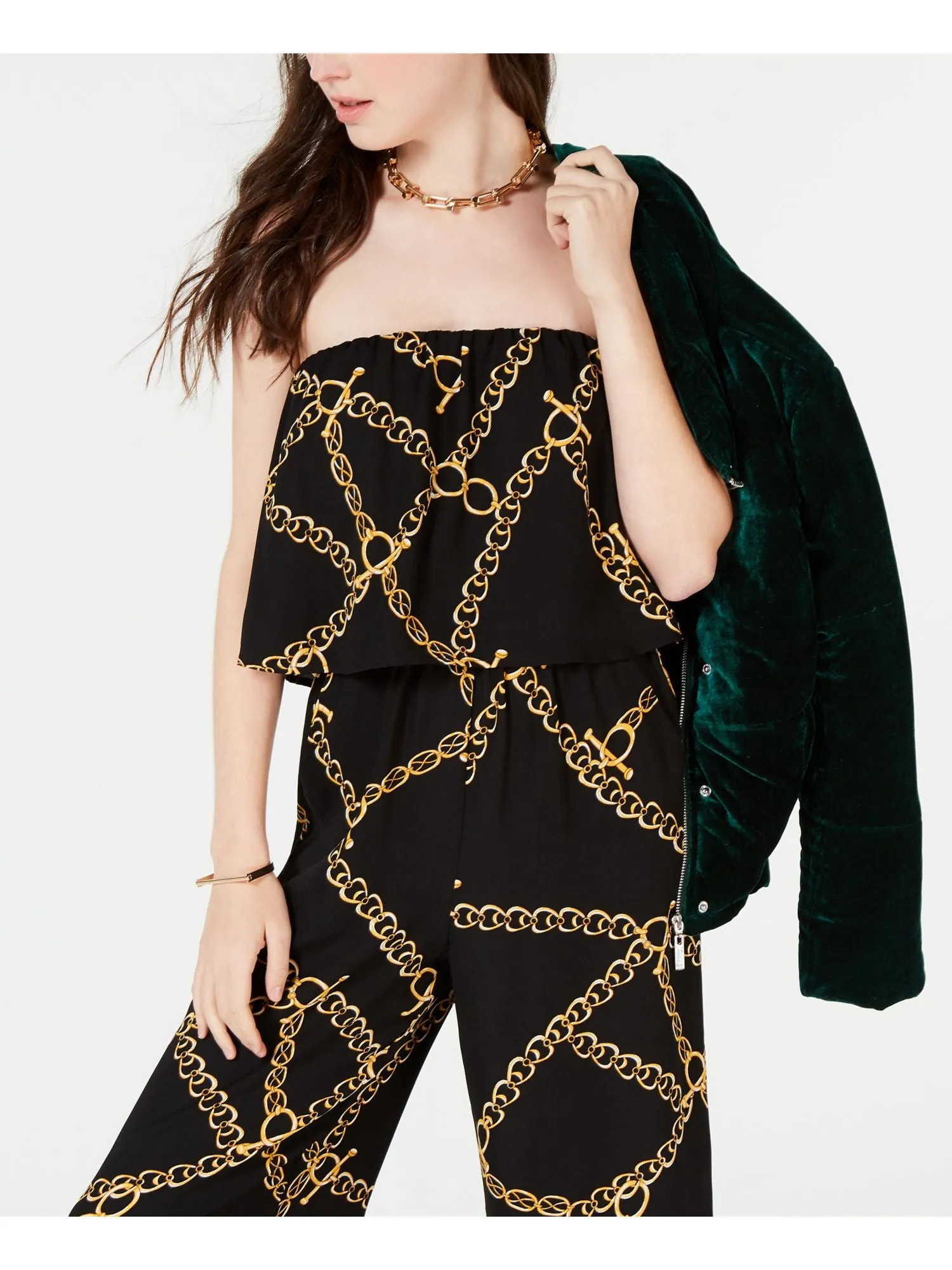 BEBOP Womens Black Chains Off Shoulder Peasant Cropped Romper