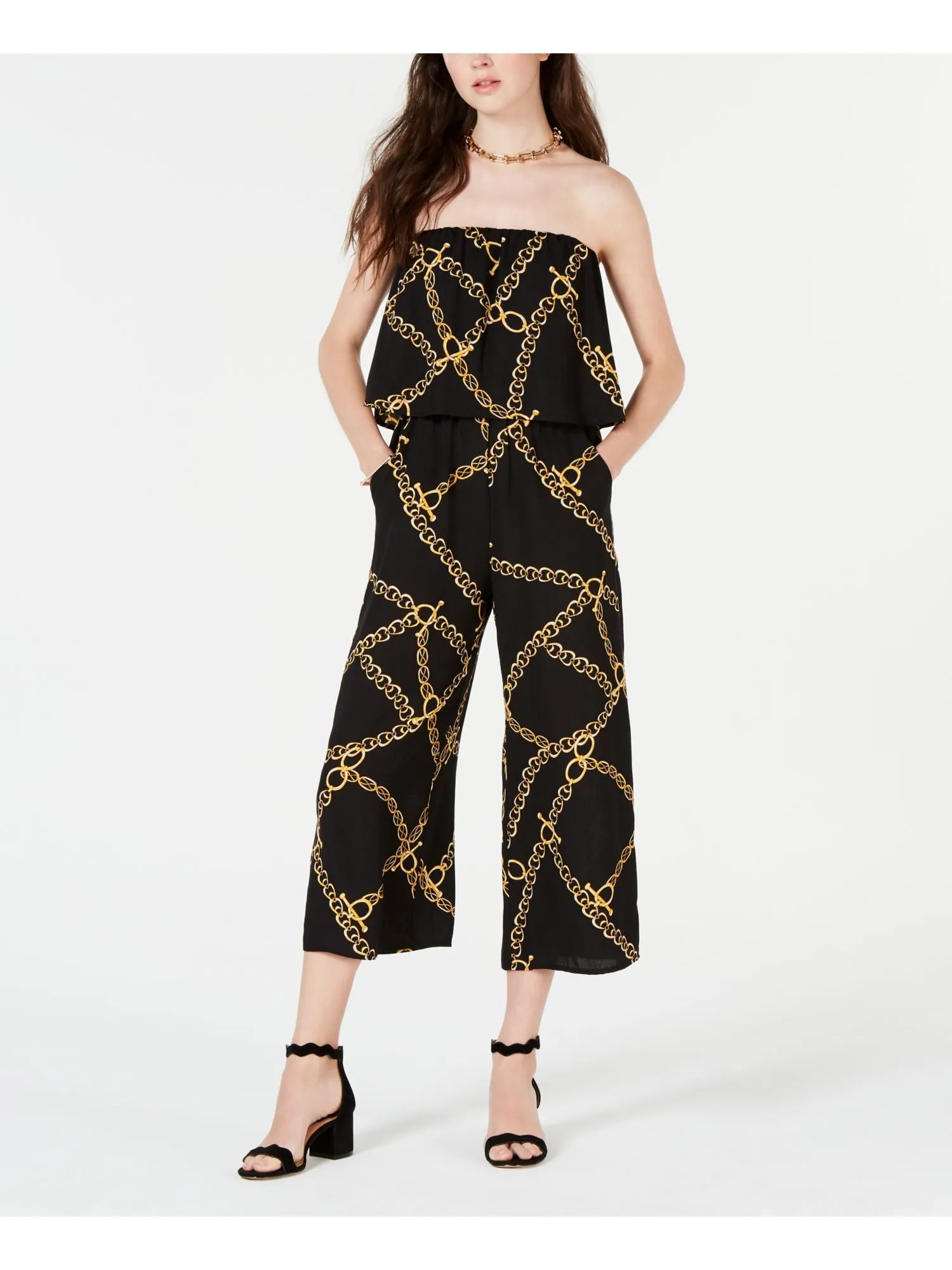 BEBOP Womens Black Chains Off Shoulder Peasant Cropped Romper