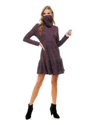 BEBOP Womens Burgundy Plaid Long Sleeve Jewel Neck Short Drop Waist Dress
