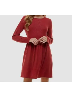 BEBOP Womens Burgundy Stretch Ribbed Pleated Pullover Long Sleeve Round Neck Short Fit   Flare Dress