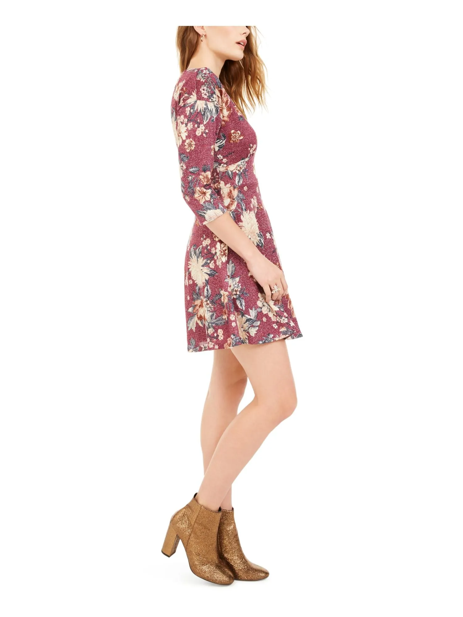 BEBOP Womens Floral Long Sleeve Crew Neck Short Fit   Flare Dress