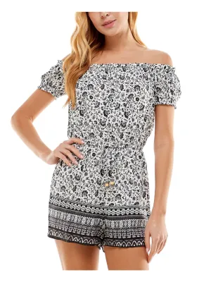 BEBOP Womens Ivory Printed Short Sleeve Off Shoulder Shorts Romper