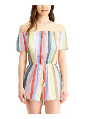 BEBOP Womens Ivory Ruched Tie Crochet Trim Hem Striped Flutter Sleeve Off Shoulder Romper