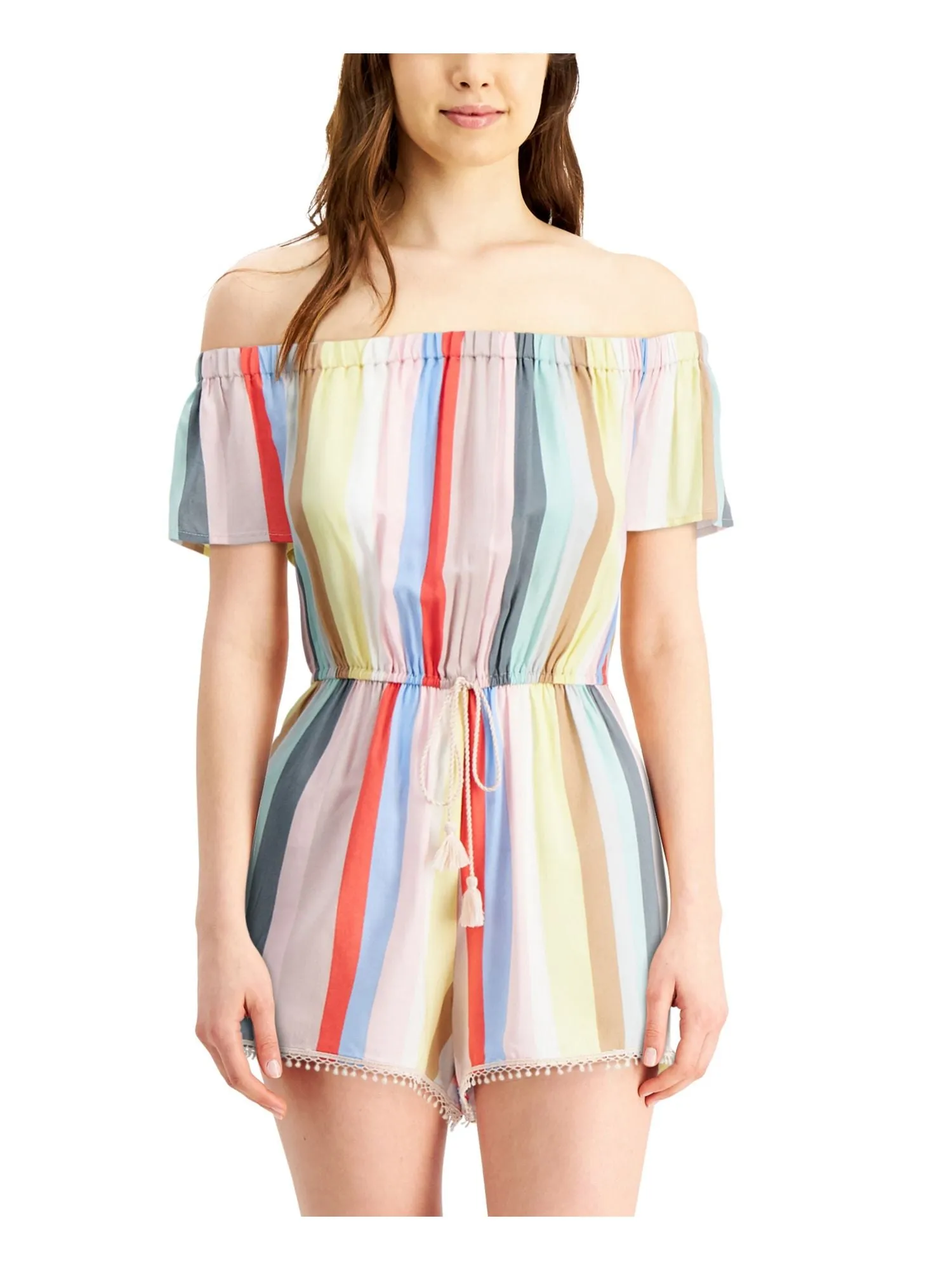 BEBOP Womens Ivory Ruched Tie Crochet Trim Hem Striped Flutter Sleeve Off Shoulder Romper