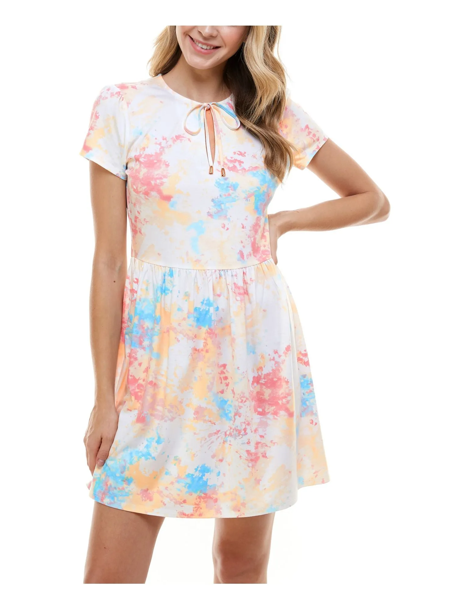 BEBOP Womens Turquoise Tie Dye Short Sleeve Keyhole Short Sheath Dress