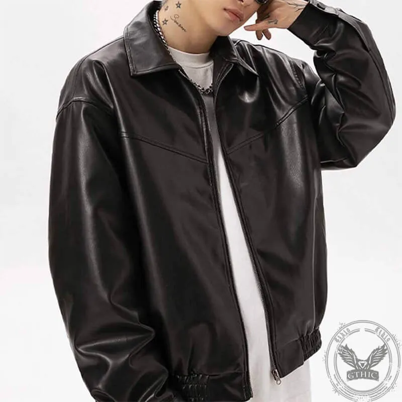 Black Vintage Street Style Zipper Leather Jacket