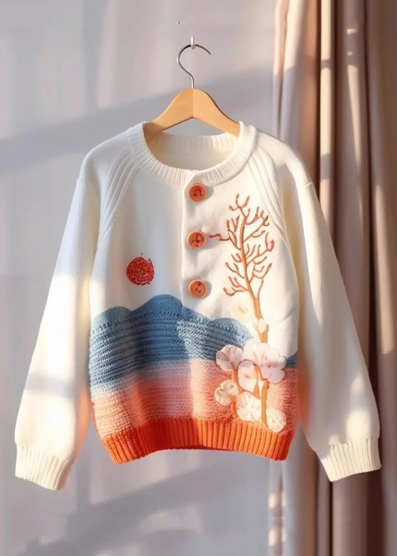Bohemian Beige Print Button Knit Sweaters Fall QG009
