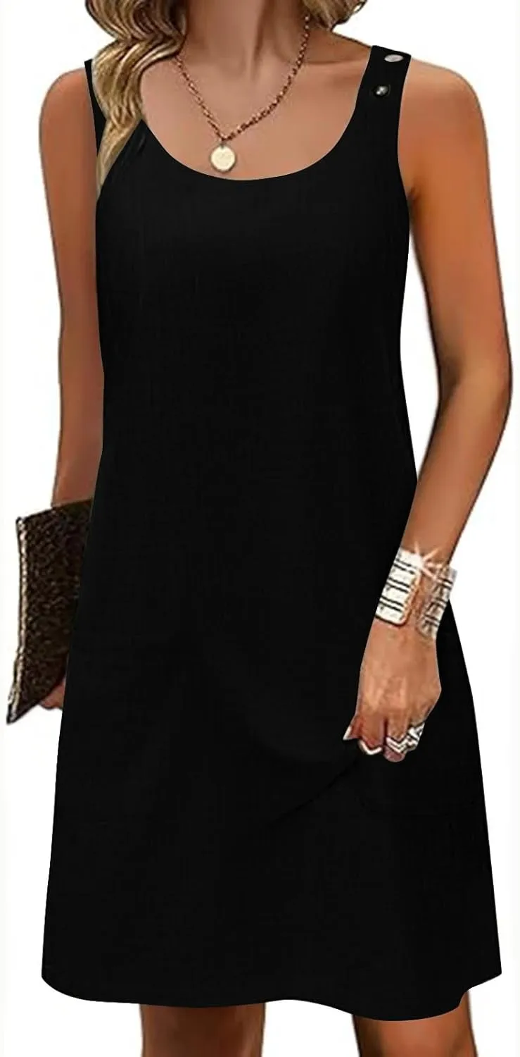 Boho Dress for Women Summer Solid Color Round Neck Sleeveless Mini Dress Casual Button Strap Sundresses with Pockets