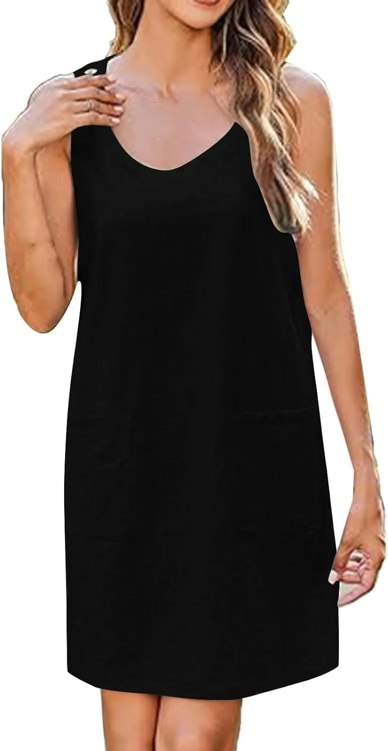 Boho Dress for Women Summer Solid Color Round Neck Sleeveless Mini Dress Casual Button Strap Sundresses with Pockets