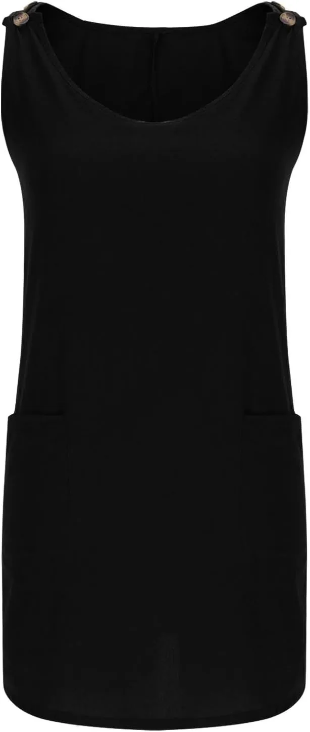 Boho Dress for Women Summer Solid Color Round Neck Sleeveless Mini Dress Casual Button Strap Sundresses with Pockets