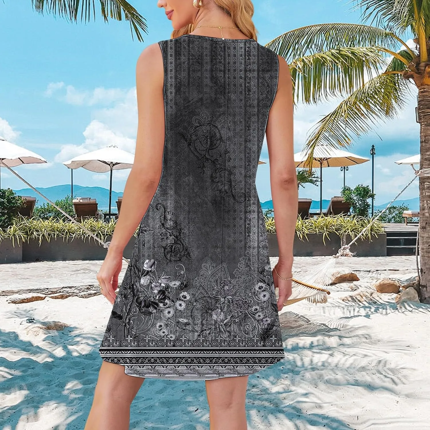 Boho Summer Dresses for Women Womens with Pockets Summer Casual Tank Dress Sleeveless Midi Beach Dress Linen Dress