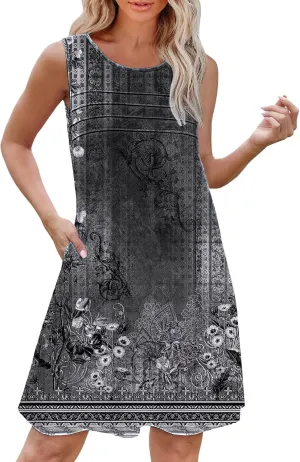 Boho Summer Dresses for Women Womens with Pockets Summer Casual Tank Dress Sleeveless Midi Beach Dress Linen Dress