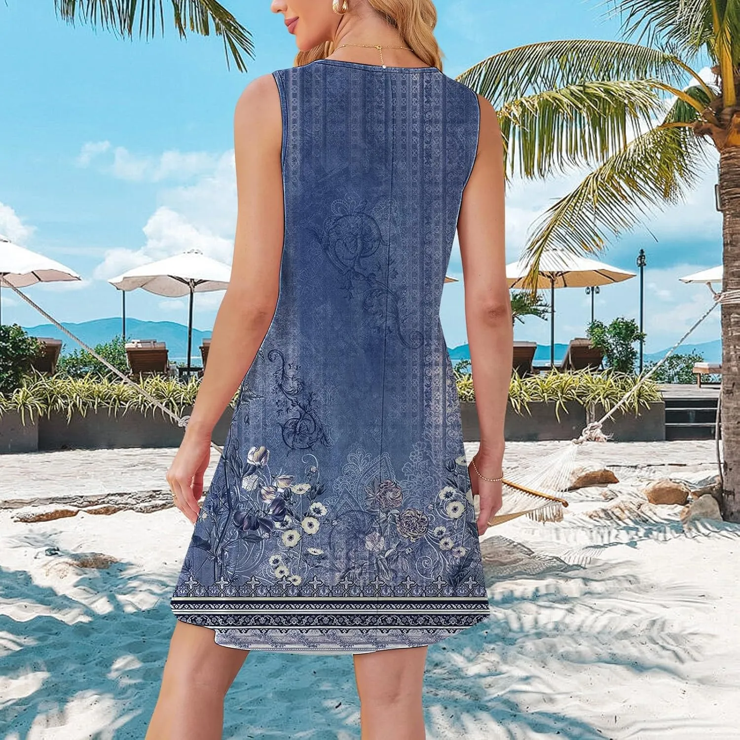 Boho Summer Dresses for Women Womens with Pockets Summer Casual Tank Dress Sleeveless Midi Beach Dress Linen Dress