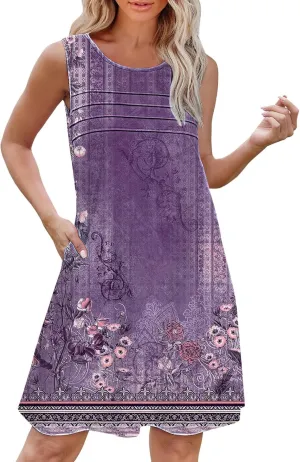 Boho Summer Dresses for Women Womens with Pockets Summer Casual Tank Dress Sleeveless Midi Beach Dress Linen Dress