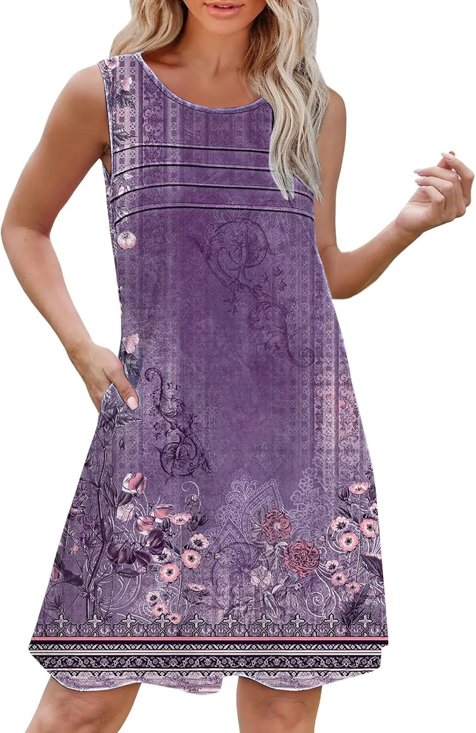Boho Summer Dresses for Women Womens with Pockets Summer Casual Tank Dress Sleeveless Midi Beach Dress Linen Dress