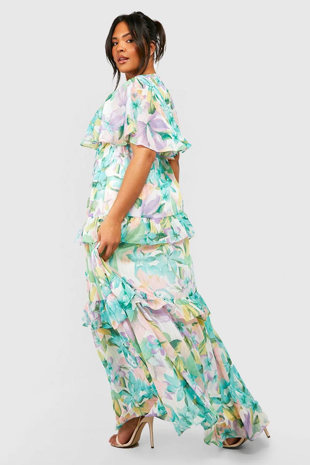 Boohoo Floral Angel Sleeve Maxi Dress, Green