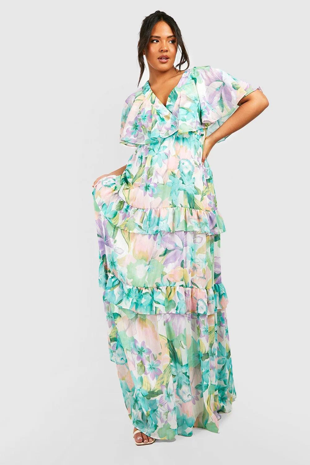 Boohoo Floral Angel Sleeve Maxi Dress, Green