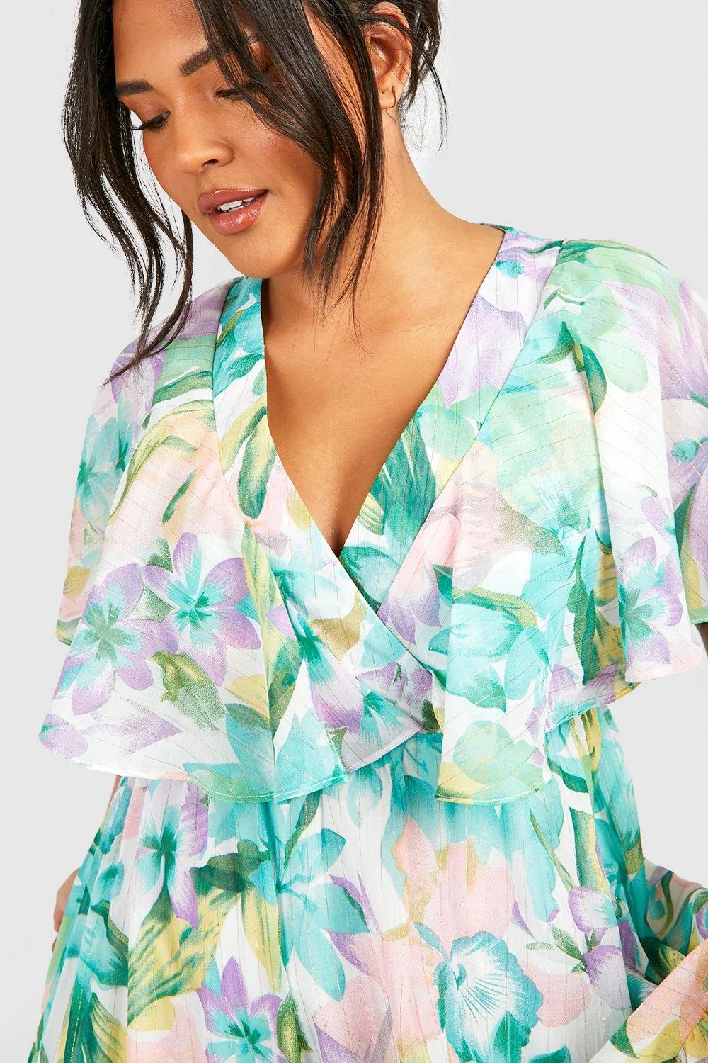 Boohoo Floral Angel Sleeve Maxi Dress, Green