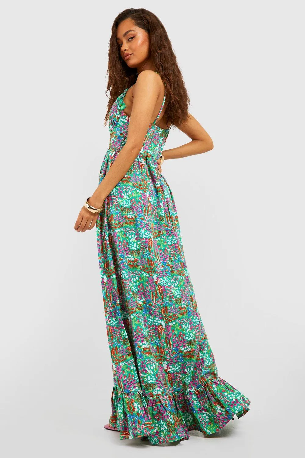 Boohoo Floral Cathedral Maxi Dress with Bust Pants Green