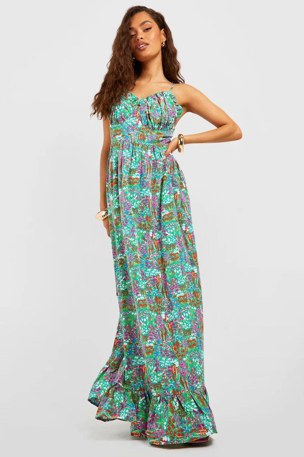 Boohoo Floral Cathedral Maxi Dress with Bust Pants Green
