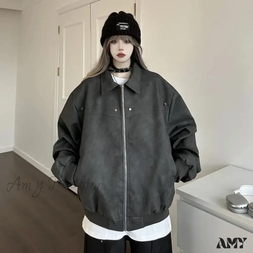 Brown Loose PU Leather Autumn Oversize High-end Rivet Trend Jacket