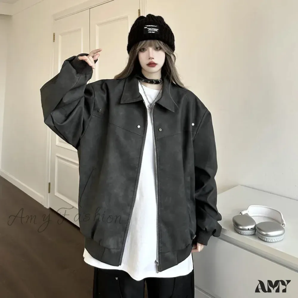 Brown Loose PU Leather Autumn Oversize High-end Rivet Trend Jacket