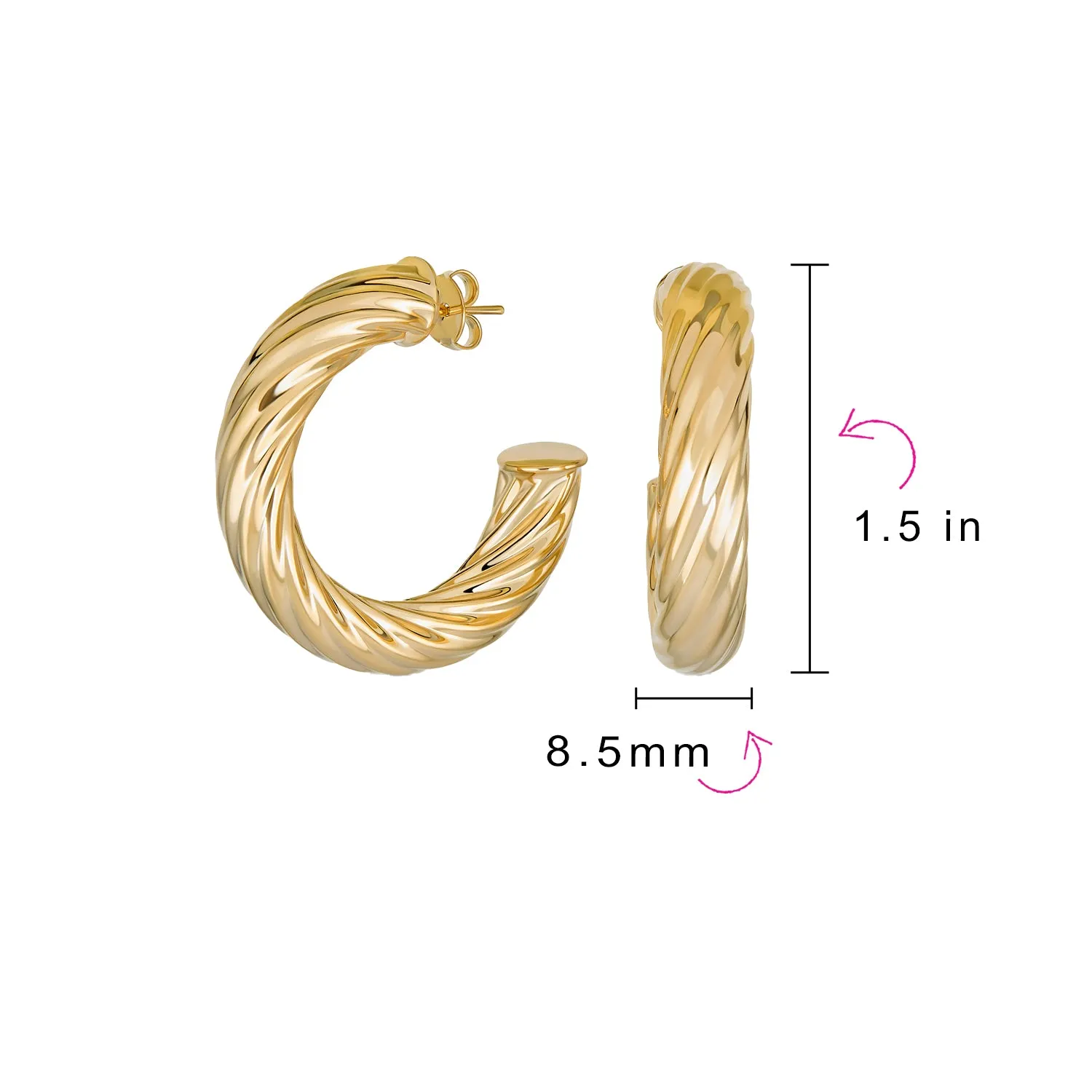 Classic Twisted Rope Hoop Huggie Earrings Gold Plated Brass 1.5 Inch