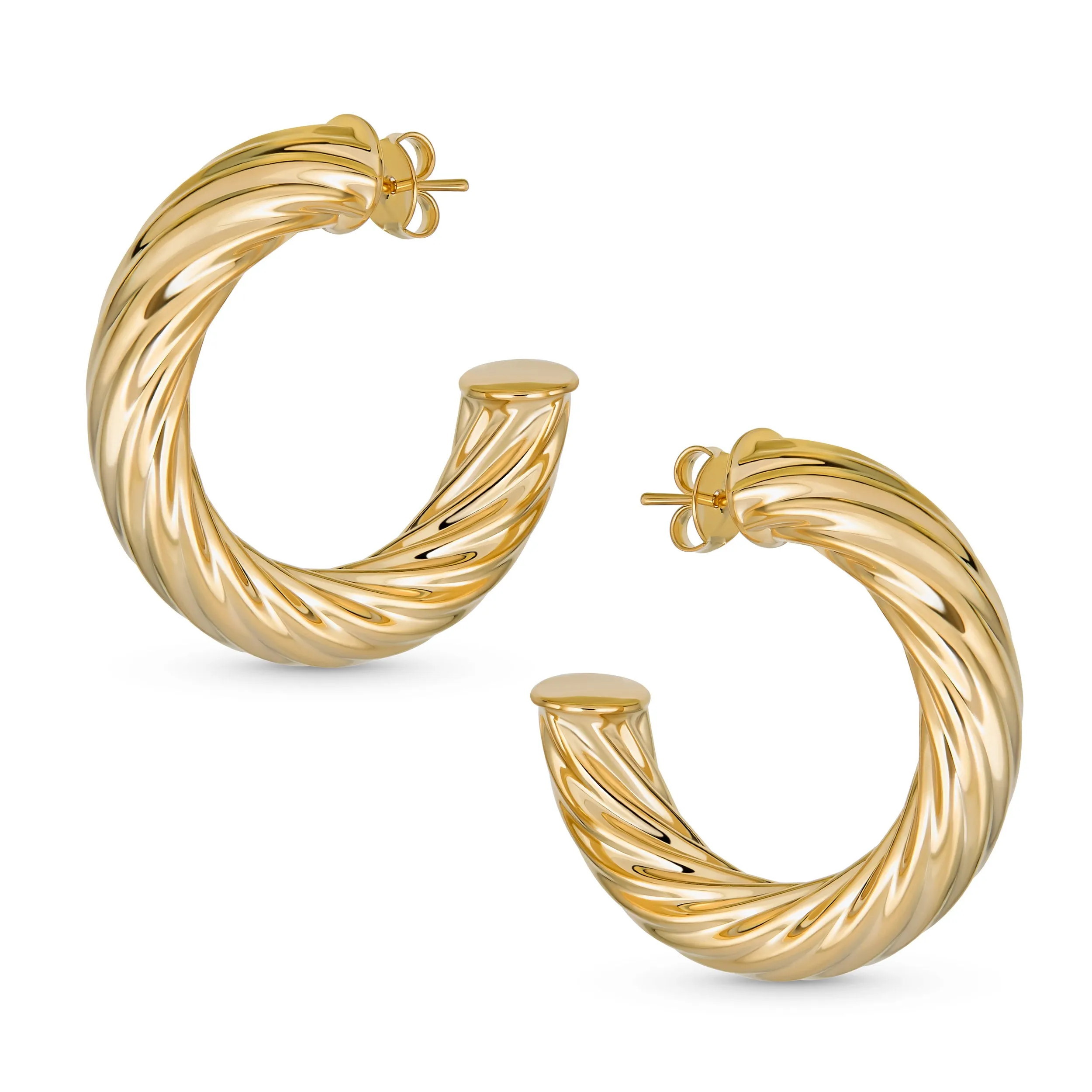 Classic Twisted Rope Hoop Huggie Earrings Gold Plated Brass 1.5 Inch