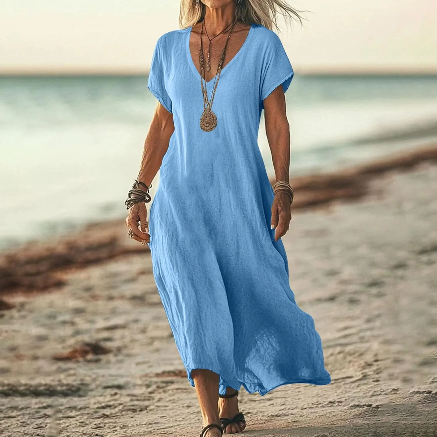 DDAPJ pyju Linen Dress for Women Summer V Neck Short Sleeve Sundress Solid Color Loose Beach Vacation Casual Maxi Dresses
