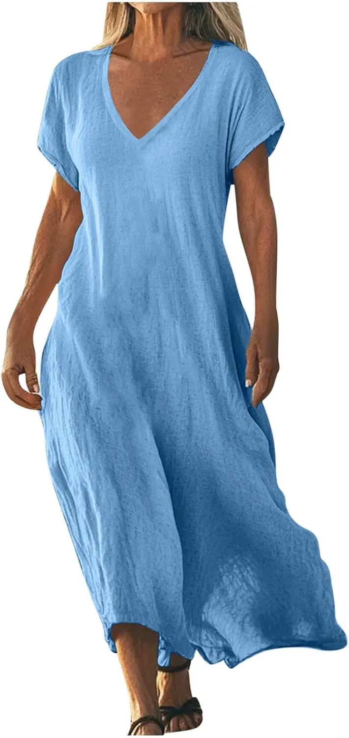 DDAPJ pyju Linen Dress for Women Summer V Neck Short Sleeve Sundress Solid Color Loose Beach Vacation Casual Maxi Dresses