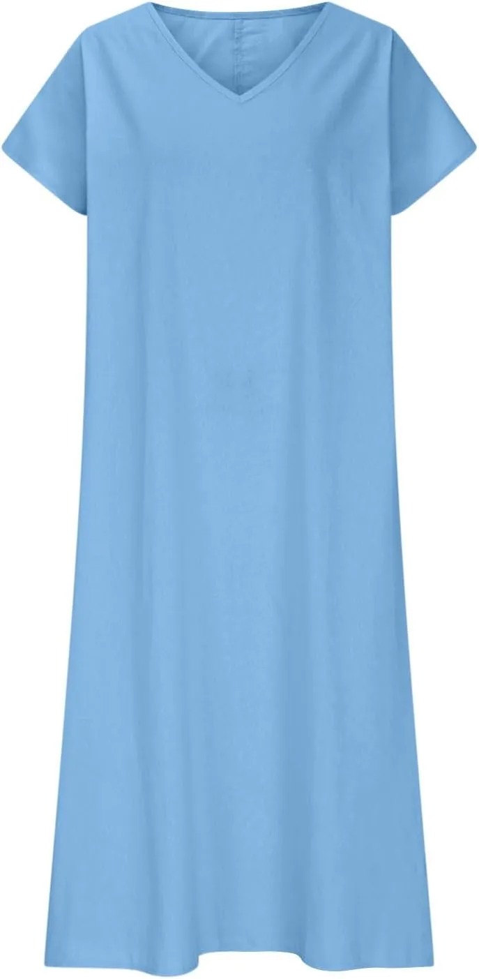 DDAPJ pyju Linen Dress for Women Summer V Neck Short Sleeve Sundress Solid Color Loose Beach Vacation Casual Maxi Dresses