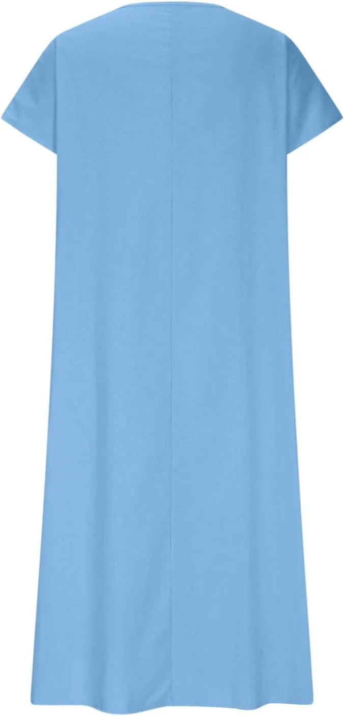 DDAPJ pyju Linen Dress for Women Summer V Neck Short Sleeve Sundress Solid Color Loose Beach Vacation Casual Maxi Dresses