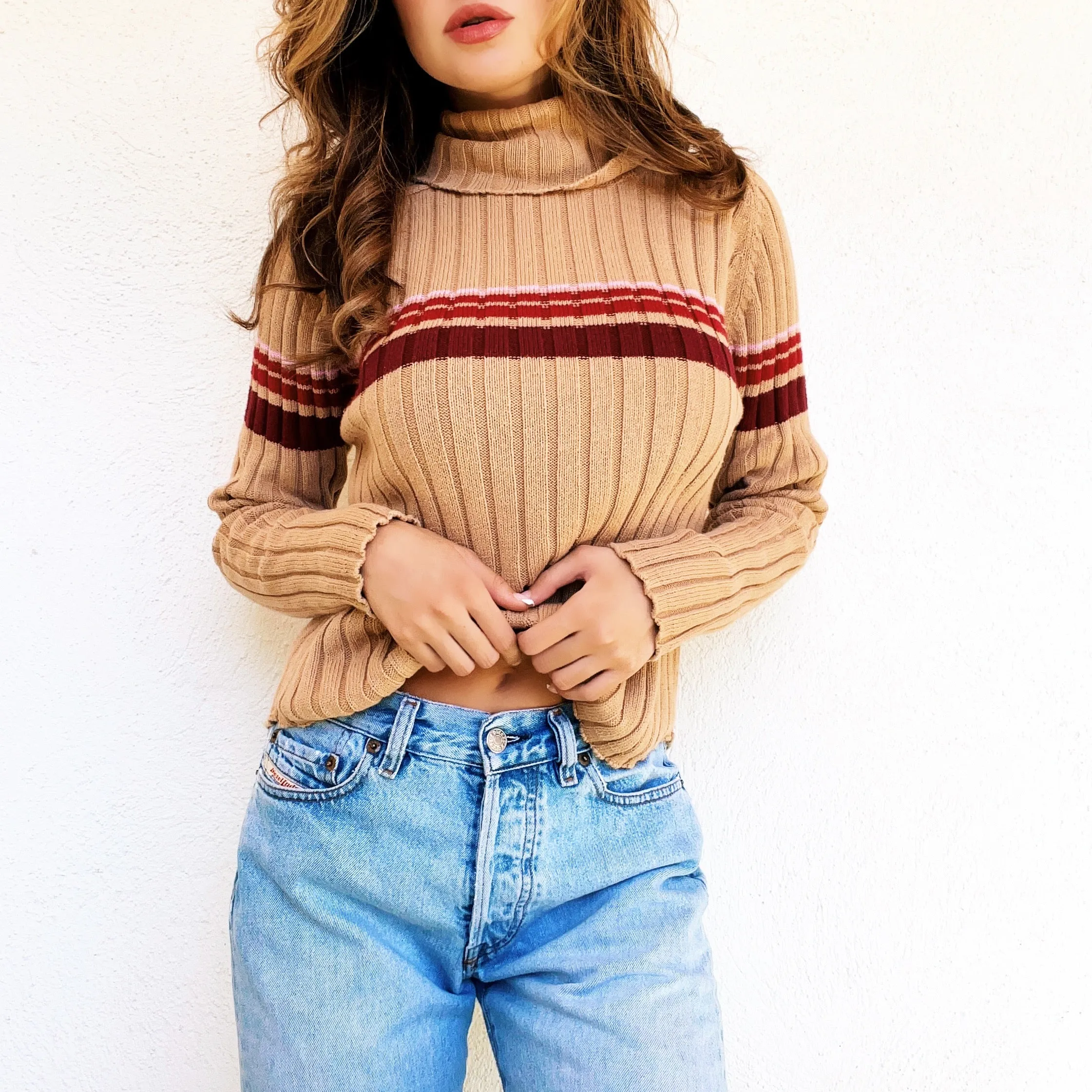 Early 2000s Beige Striped Turtleneck