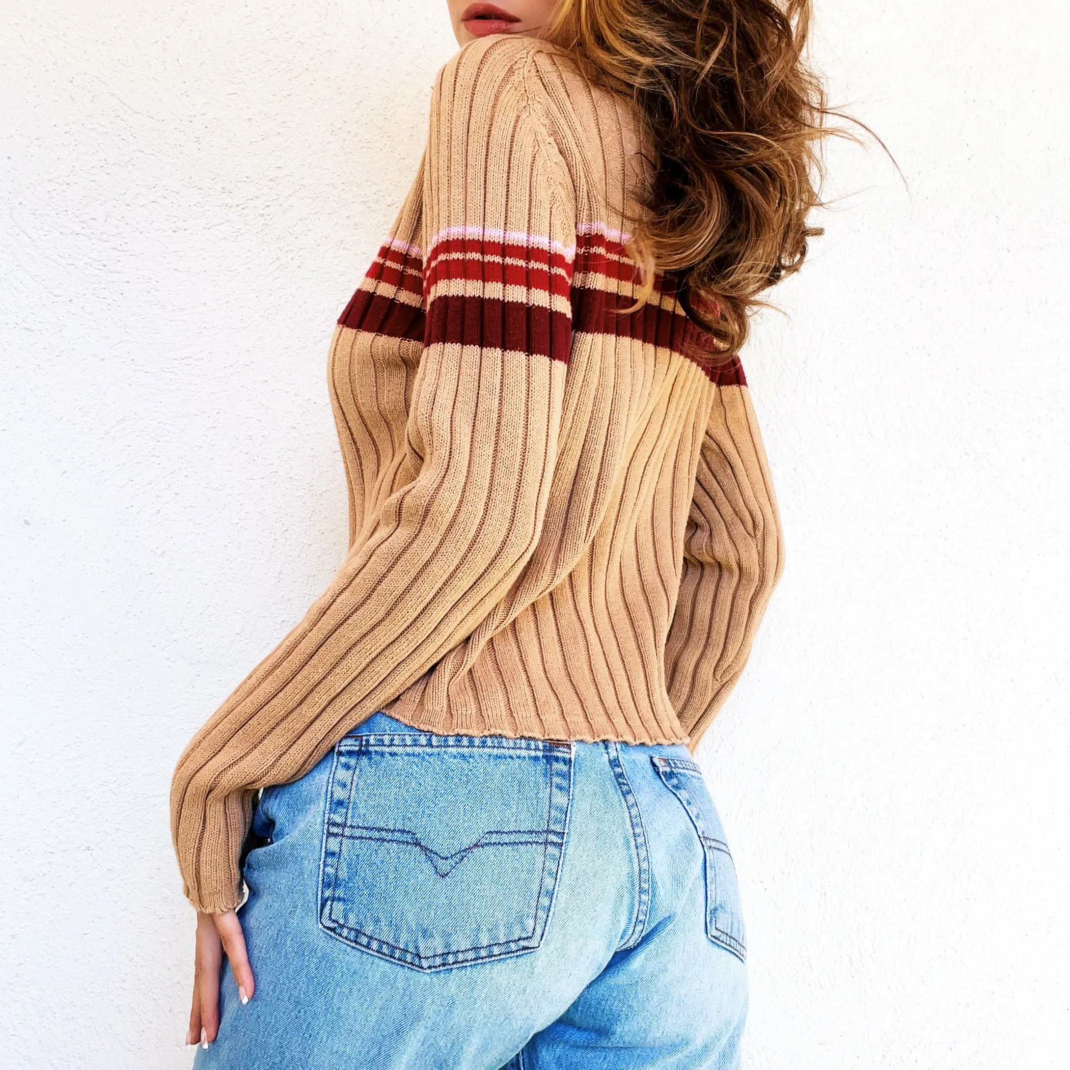 Early 2000s Beige Striped Turtleneck