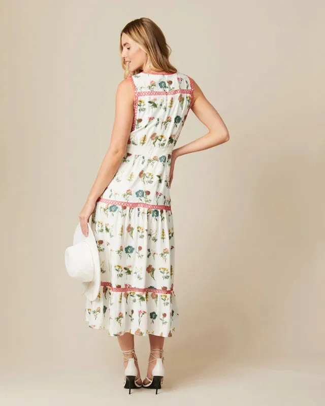 Fee G Marina White Embroidered Floral Print Tea Dress