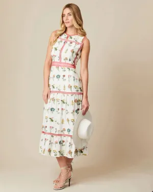 Fee G Marina White Embroidered Floral Print Tea Dress