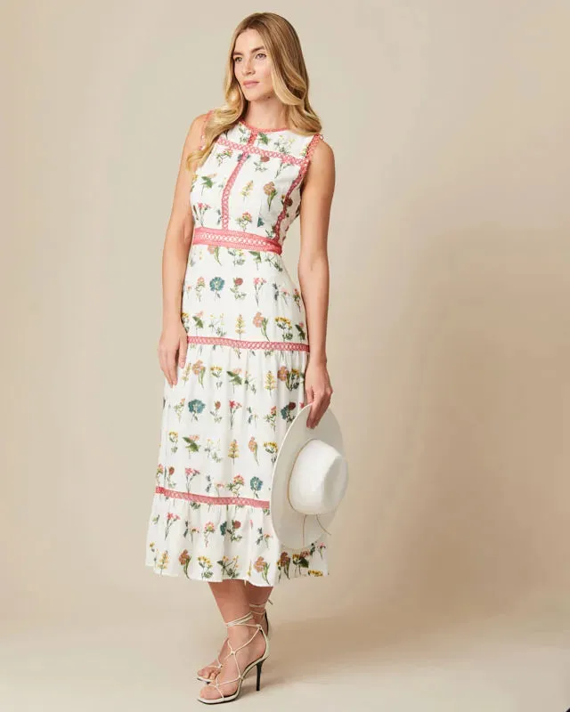 Fee G Marina White Embroidered Floral Print Tea Dress